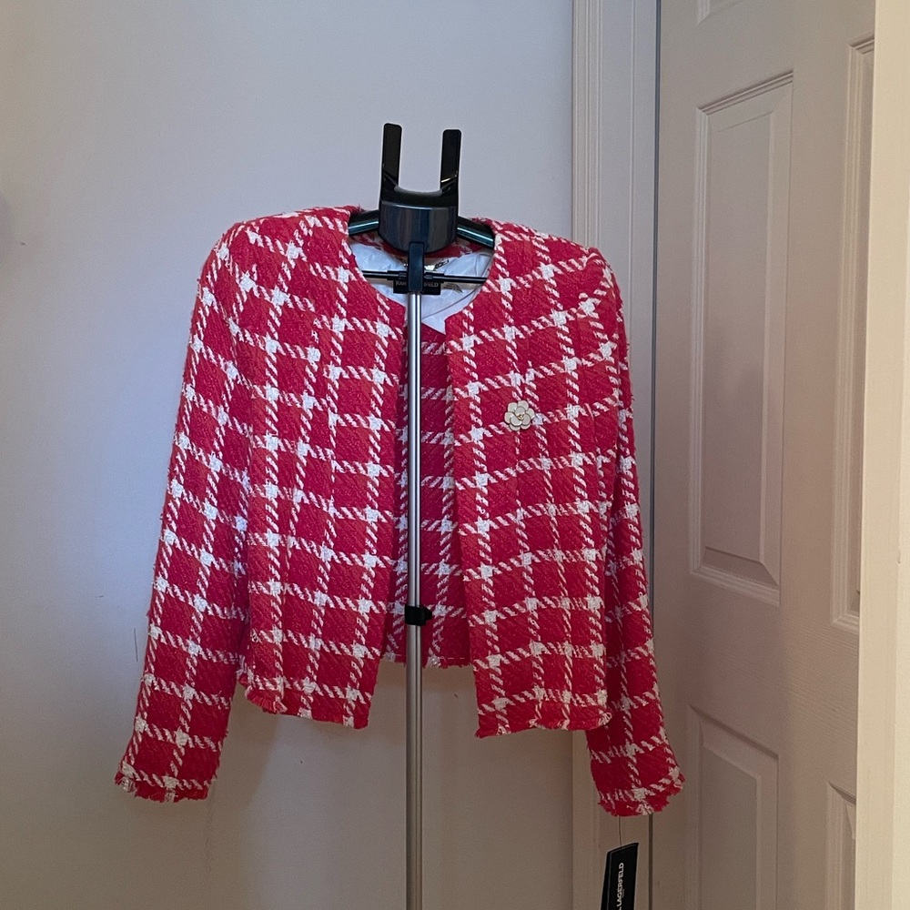 Pink and White Plaid Tweed Jacket Karl Lagerfeld size 10 NWT